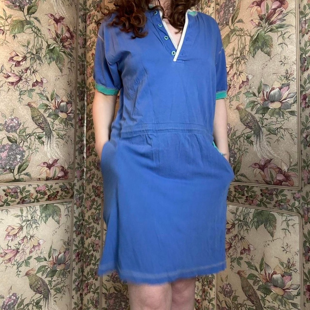 Liz Wear Athletic Dress Vintage 90s Blue Sporty Knee Length Cotton Knit Medium